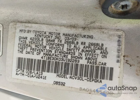 2003 Toyota Camry Xle z USA, uszkodzony, nr VIN 4T1BE30K03U192283